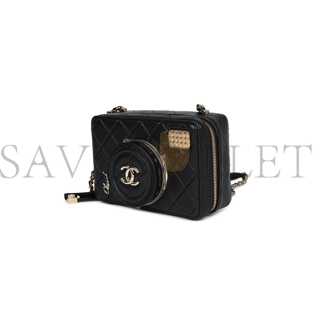 CHANEL MASTER CAMERA BAG BLACK LAMBSKIN LIGHT GOLD HARDWARE AS4817 (16*11.5*6cm)